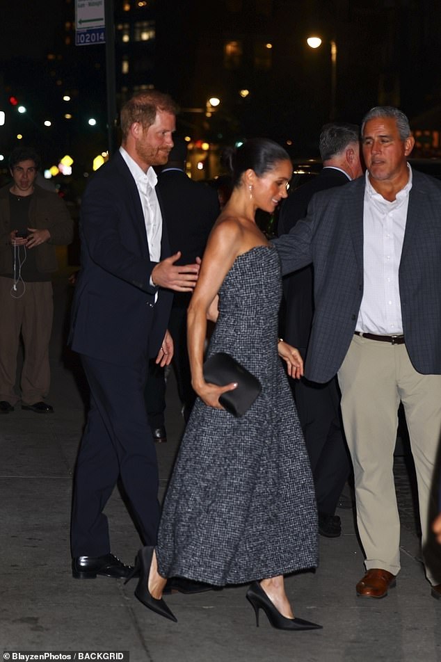 Meghan Markle in a black-and-white Chanel midi dress during a night out in New York City