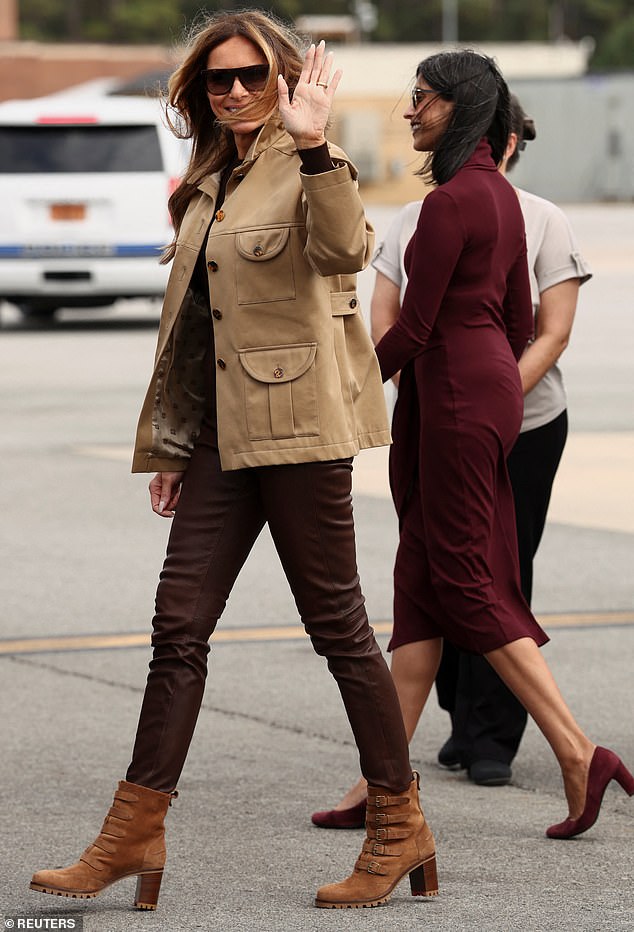 Close-up of Melania Trump's Blaze Milano safari jacket with tortoiseshell buttons.