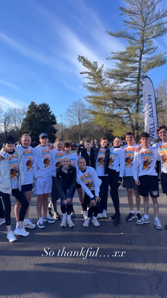 Nicole Kidman with sister Antonia Kidman, brother-in-law Craig Marran, and daughters Sunday and Faith wearing matching 'Boulevard Bolt 2025' race T-shirts in an Instagram Stories photo.