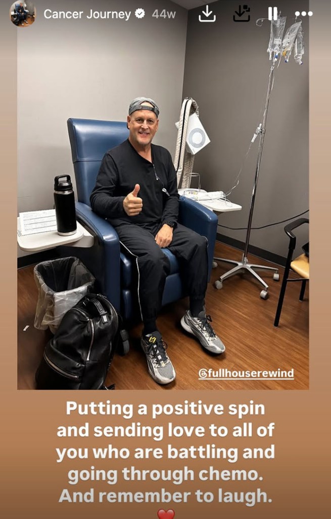 Dave Coulier gives a thumbs up while undergoing cancer treatment.