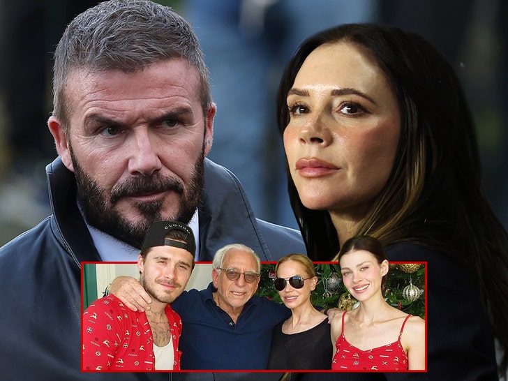 Composite of Brooklyn and Nicola Peltz Beckham alongside David and Victoria Beckham