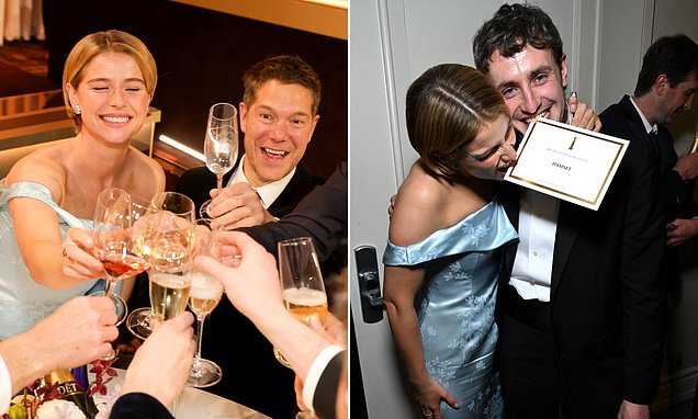 Jessie Buckley celebrates her Golden Globes win with her husband