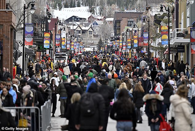 Festivalgoers walk along Main Street during the 2026 Sundance Film Festival in Park City, Utah.