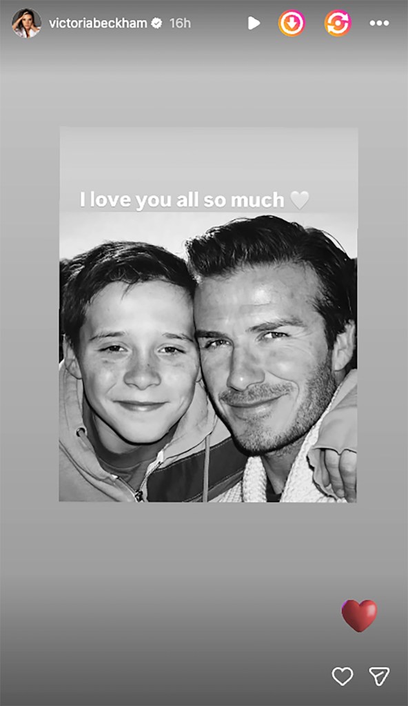 Black and white photo of David Beckham with his arm around his son, Brooklyn Beckham, both smiling. Text above them reads "I love you all so much".