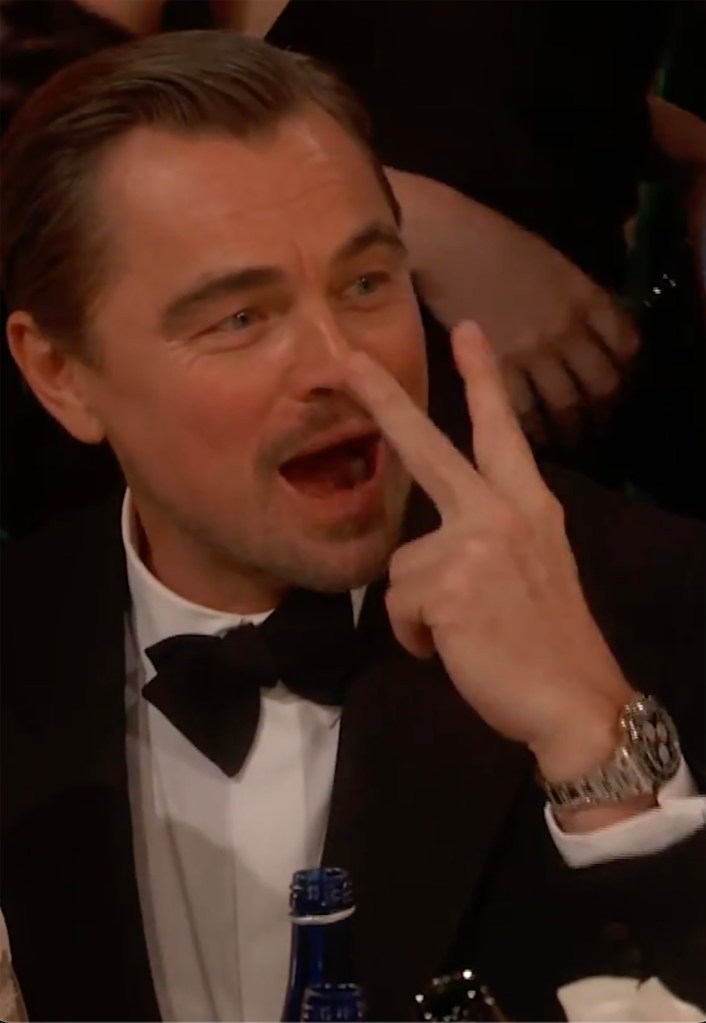 Leonardo DiCaprio making an animated face during a commercial break at the Golden Globes.