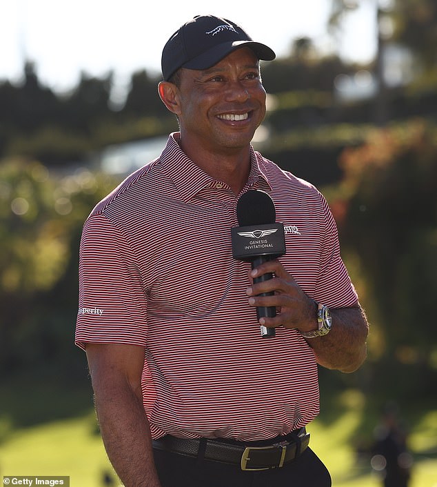 Tiger Woods speaks during the Genesis Invitational at Riviera Country Club