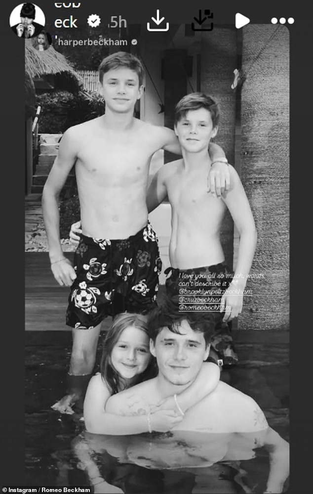 Harper Beckham with brothers Brooklyn, Romeo, and Cruz in a throwback photo reshared via Instagram Stories on Valentine's Day