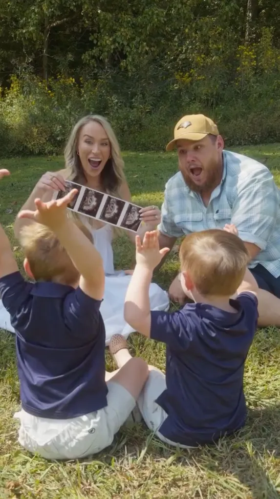 Luke and Nicole Combs announce their third pregnancy with sonogram photos as their two young sons celebrate.