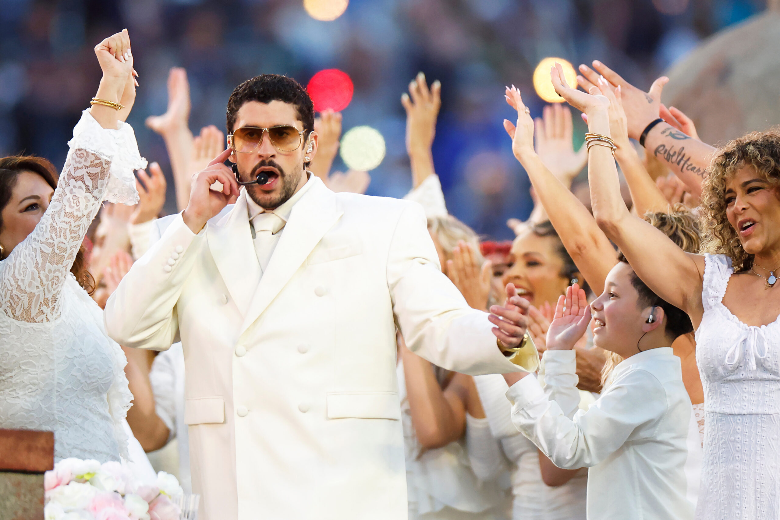 Bad Bunny performs during the Super Bowl LX halftime show.