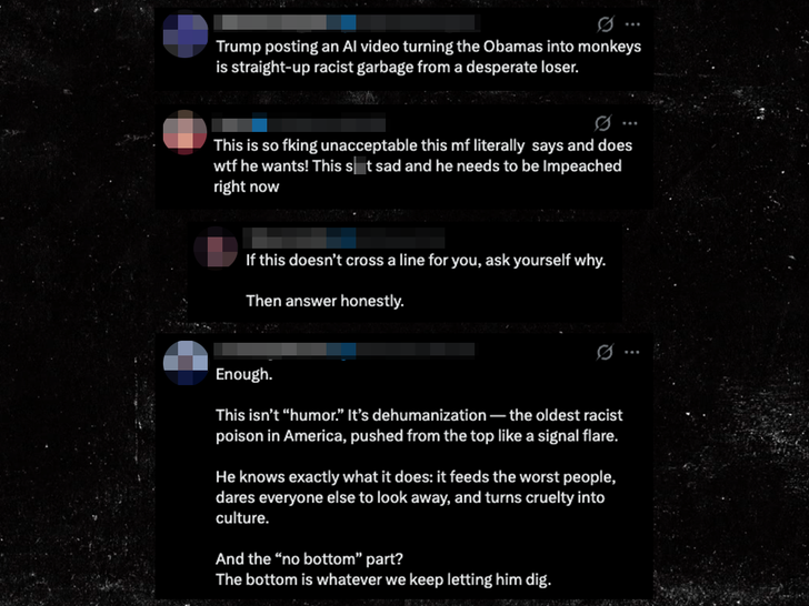 Blurred collage of reactions on X discussing Trump's Truth Social video and the racist depiction of the Obamas.