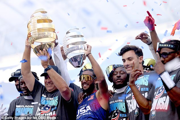 Team USA celebrates with trophies at the Flag Football Classic.