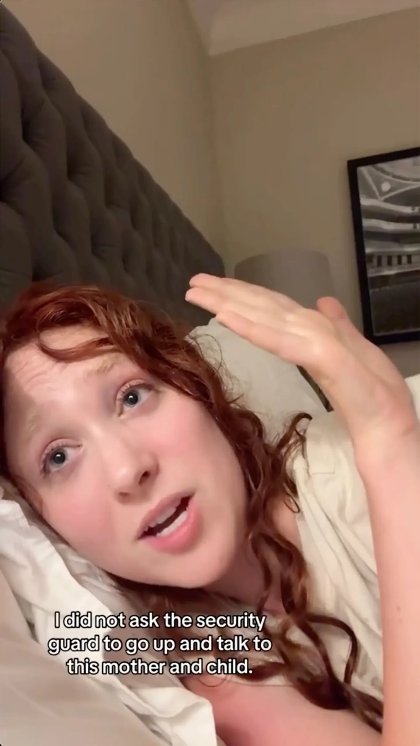 Chappell Roan lying in bed and looking into the camera with text that reads: 'I did not ask the security guard to go up and talk to this mother and child.'