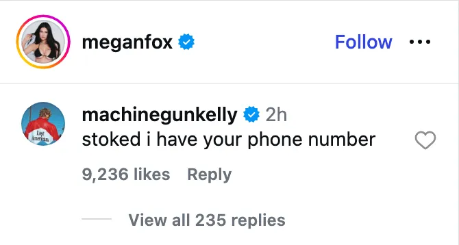 Screenshot showing MGK's "stoked i have your phone number" comment under Megan Fox's Instagram post.