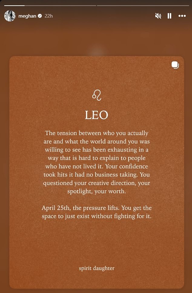 Instagram Story screenshot of a Leo astrology explainer card saying the pressure lifts on April 25, reportedly shared from Meghan Markle's account.