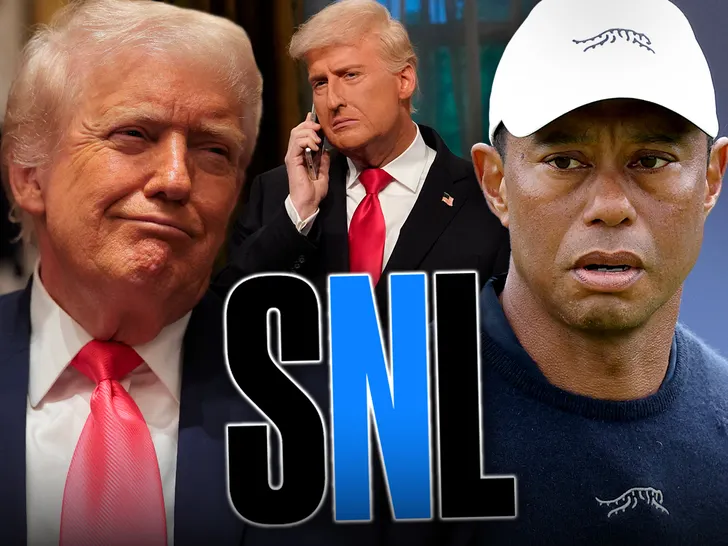 Composite SNL image with large SNL logo, featuring Trump on the phone alongside Tiger Woods, Melania Trump, and Pete Hegseth.