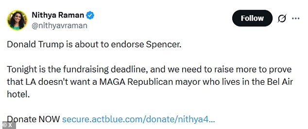 Nithya Raman's X post asking supporters to donate in response to the rumored Trump endorsement