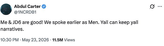 Abdul Carter later posted on X that he and Jaxson Dart had spoken and were good (screenshot)