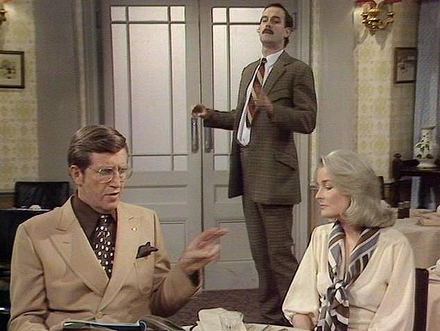 Claire Nielson as Mrs. Hamilton with John Cleese and Bruce Boa in Fawlty Towers' 'Waldorf Salad'