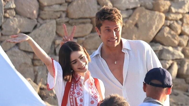 Lily Collins and Lucas Bravo reunite on the Emily in Paris set in Mykonos during final-season filming