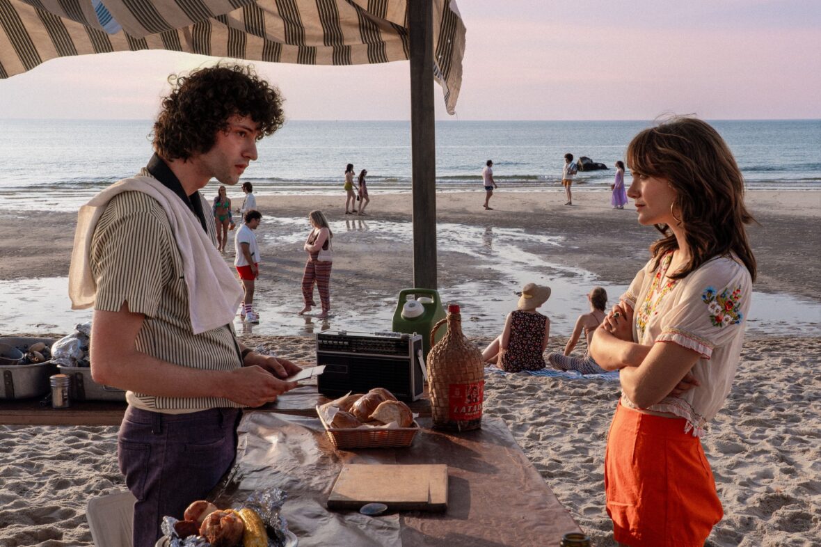 Dominic Sessa with a co-star in a beach scene from Tony