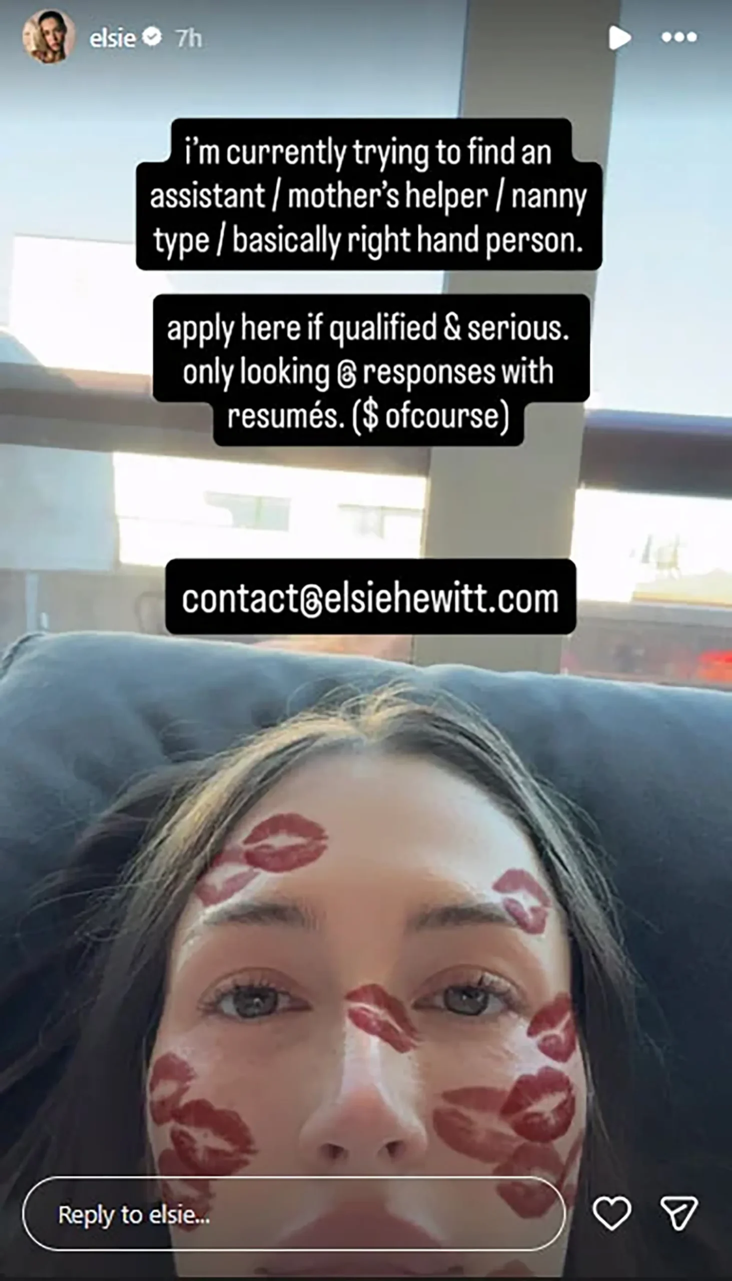 Elsie Hewitt's Instagram Story requesting an assistant/mother's helper/nanny.