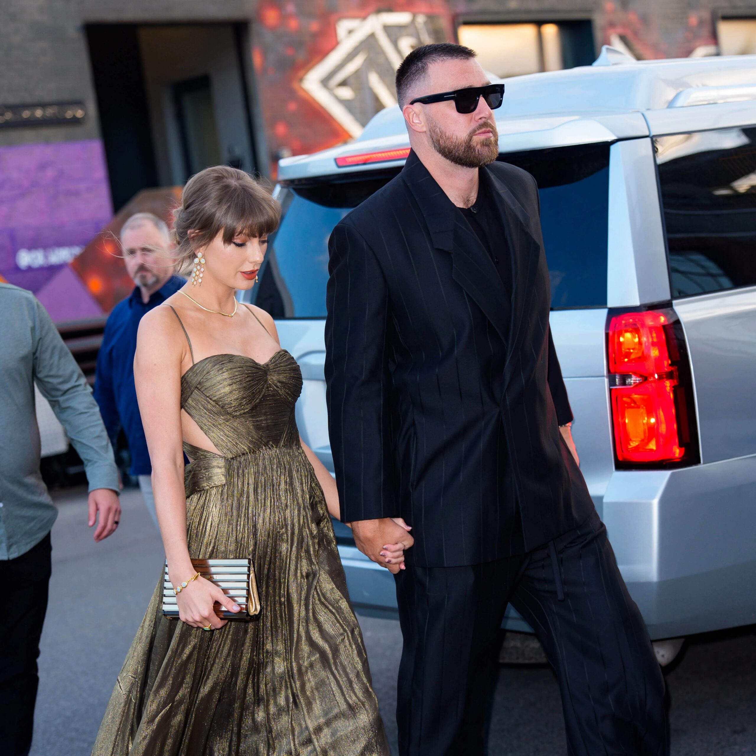 The "Bad Blood" singer and the Kansas City Chiefs star arrived hand in hand at Honey's cocktail bar in Brooklyn (as seen above). - GC Images