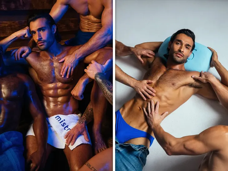 Side-by-side campaign photos of Sam Asghari in a blue Speedo for MISTR's HIV prevention push.