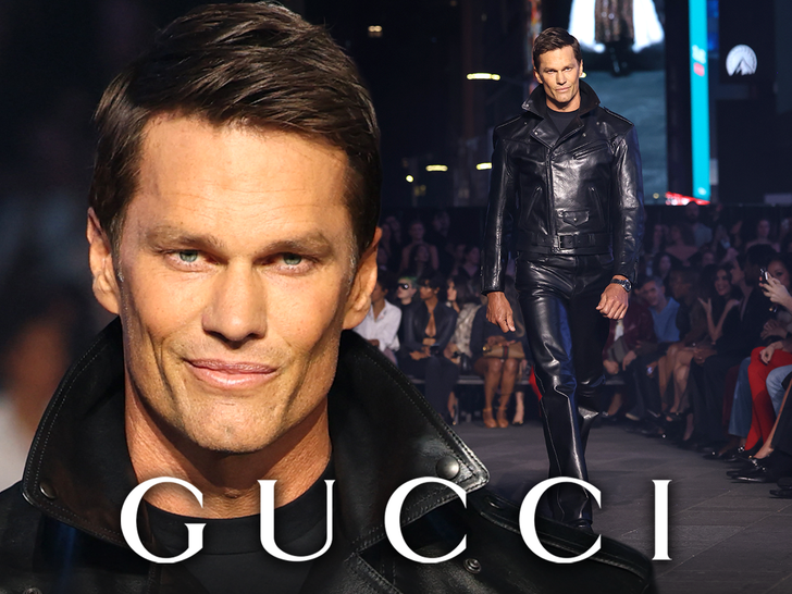 Composite view of Tom Brady on the Gucci runway in New York.