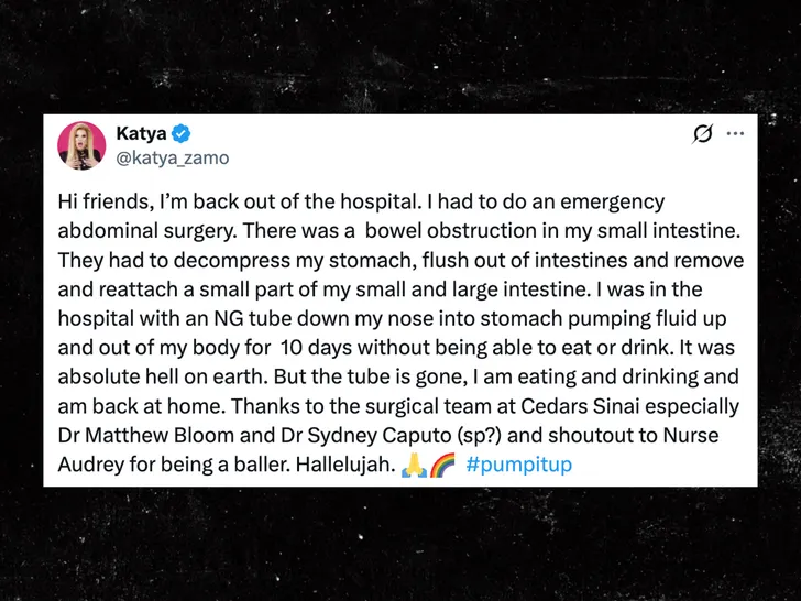 Screenshot of Katya's social media post about her emergency surgery and recovery.