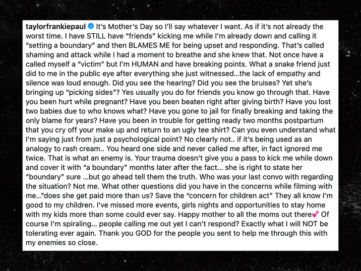 Screenshot of Taylor Frankie Paul's Mother's Day Instagram text post referencing betrayal and thanking supporters