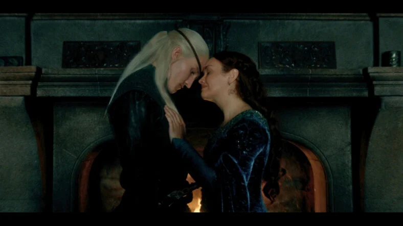 Aemond Targaryen and Alicent Hightower in a tense confrontation during the Season 3 premiere.