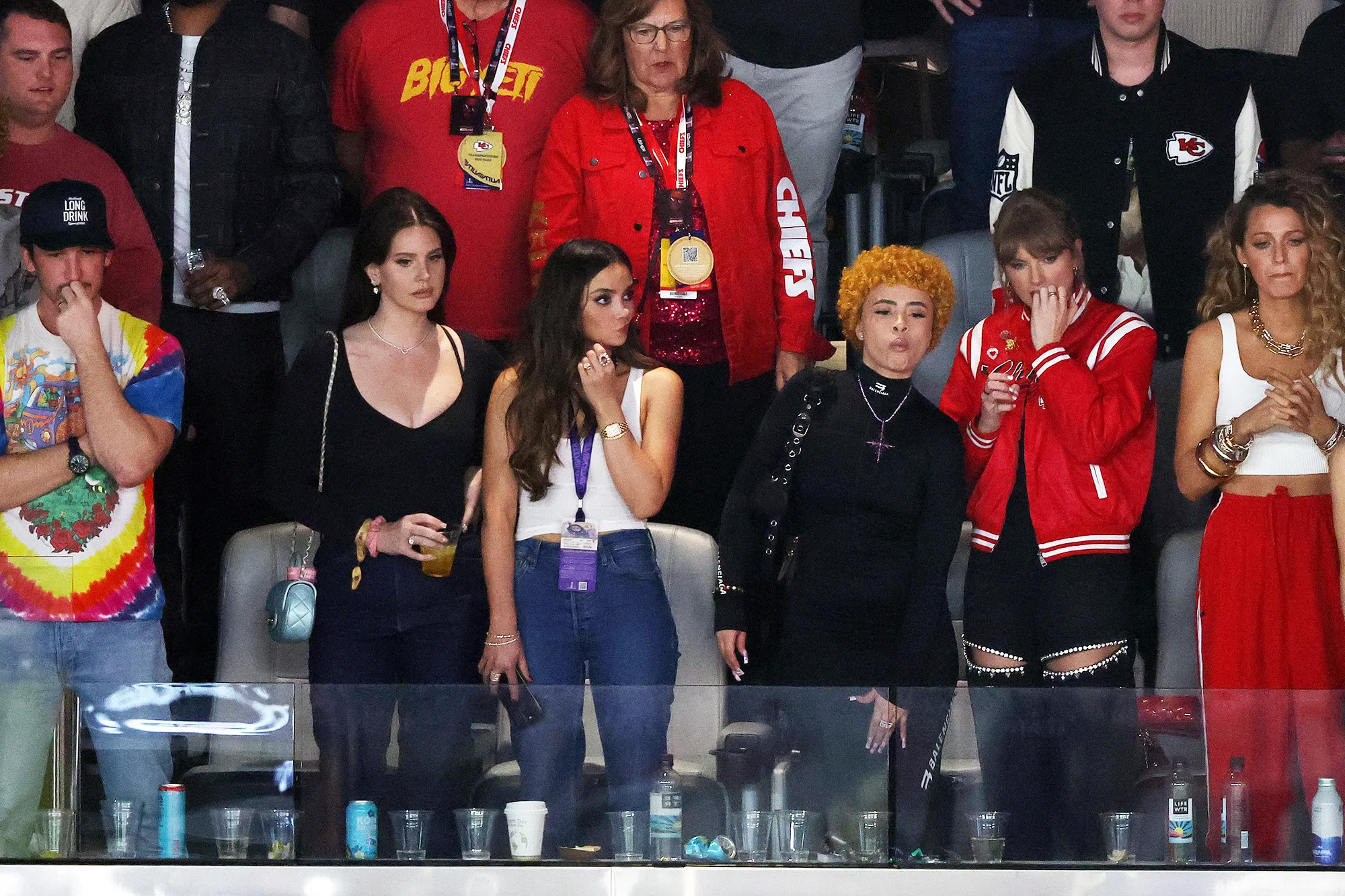 Taylor Swift and friends, including Miles Teller and Keleigh Sperry, in a Super Bowl LVIII suite in February 2024.