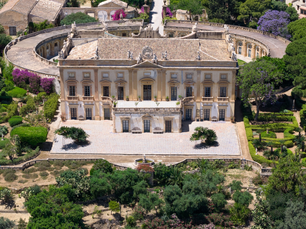 Aerial view of Villa Valguarnera in Bagheria, Sicily, with formal gardens.
