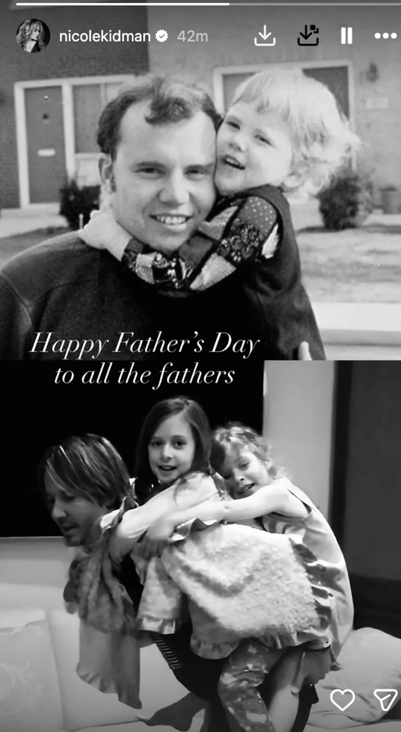 Nicole Kidman's Instagram Stories collage: black-and-white photos of her father and Keith Urban giving their daughters a piggyback ride, with the caption "Happy Father's Day to all the fathers."