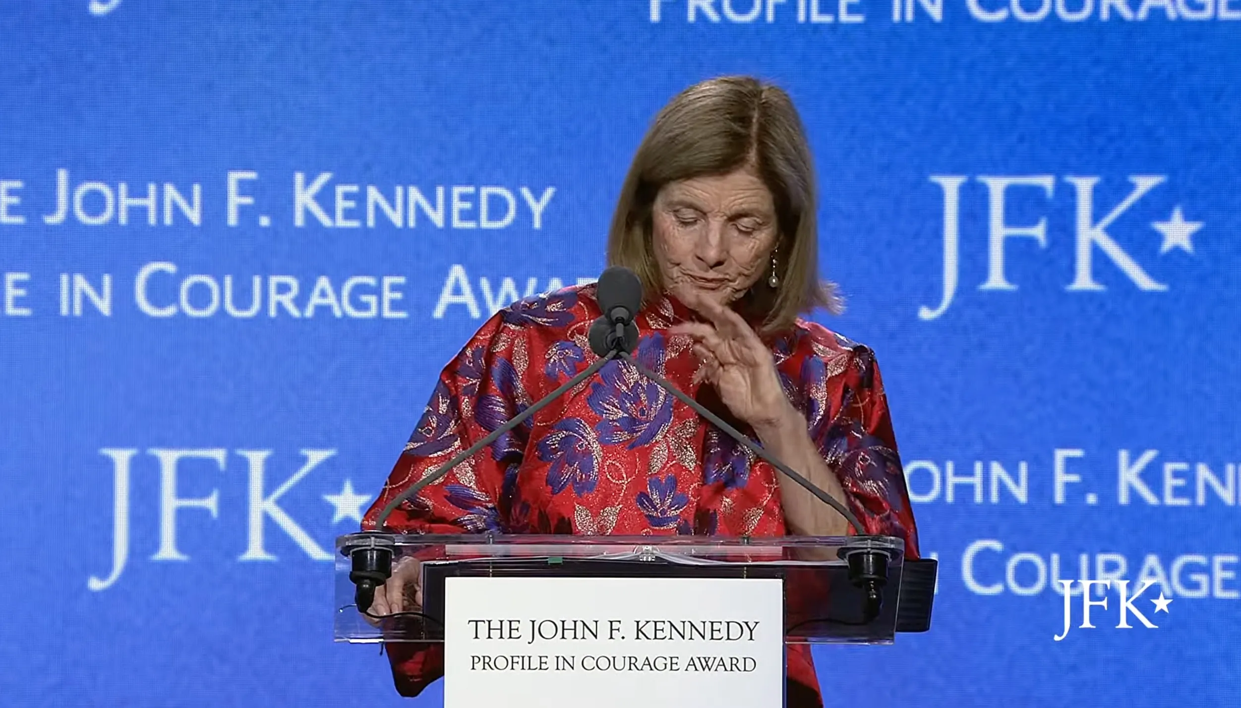 Caroline Kennedy grows emotional while speaking at the JFK Library's Profile in Courage Awards.