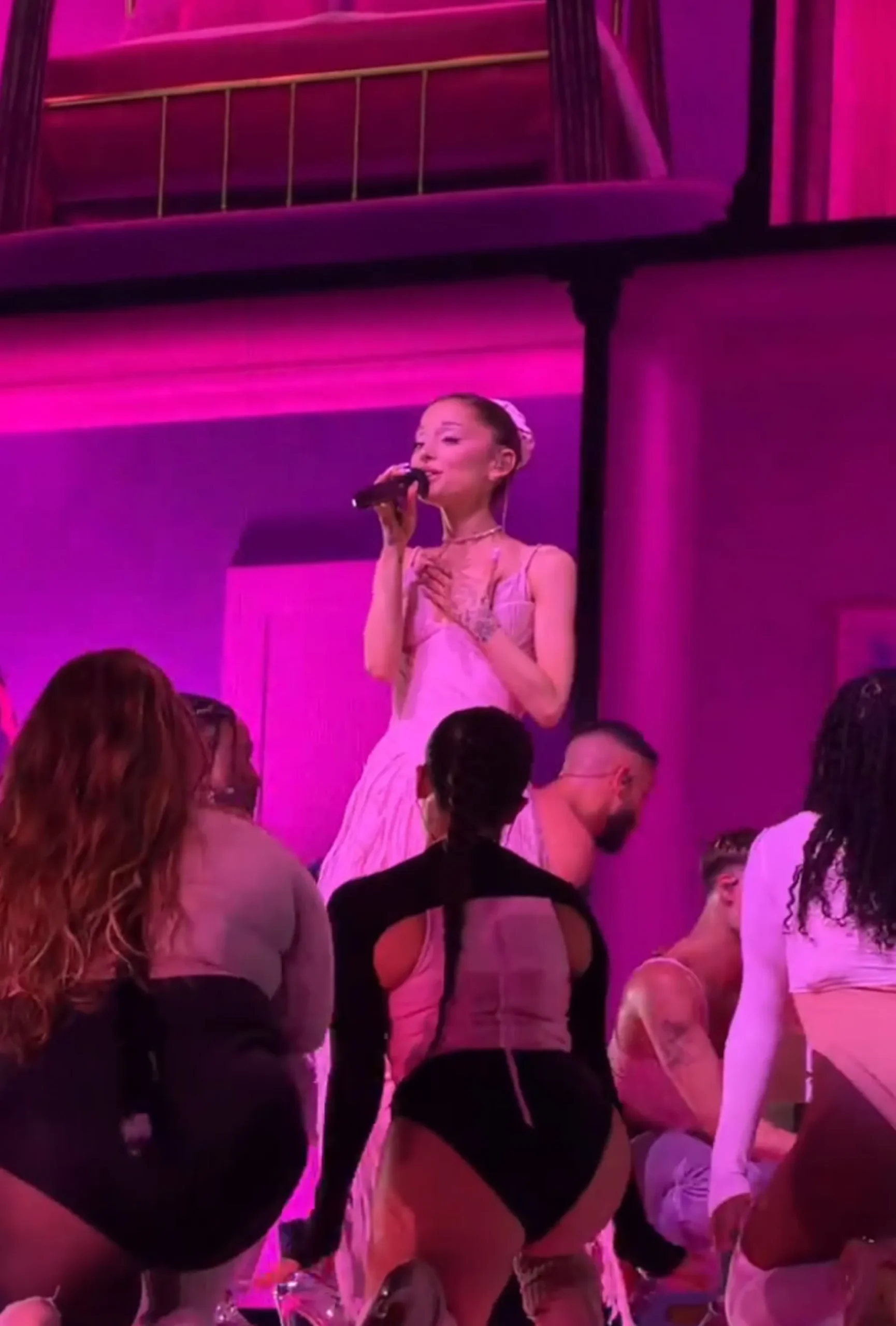 Ariana Grande performs with dancers during the Eternal Sunshine tour opener in Oakland.