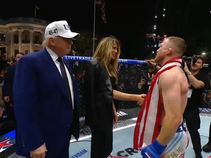 President and First Lady step into the Octagon to congratulate Justin Gaethje after his title win at UFC Freedom 250